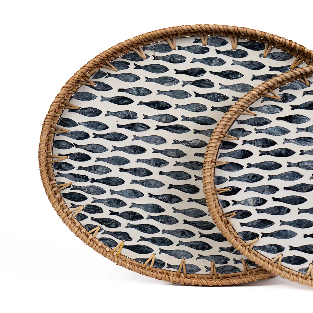 Desenli Rattan 2'li Sedef Yuvarlak Tepsi Seti - Thames Drift