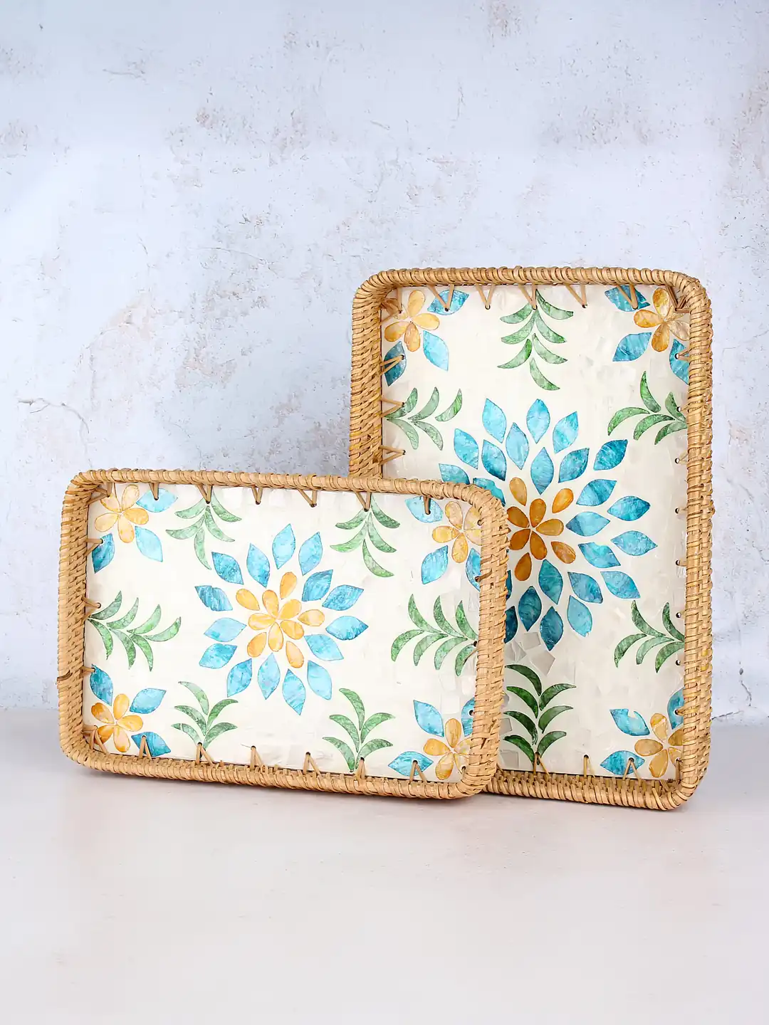 Desenli Rattan 2'li Sedef Dikdörtgen Tepsi Seti - Notting Bloom