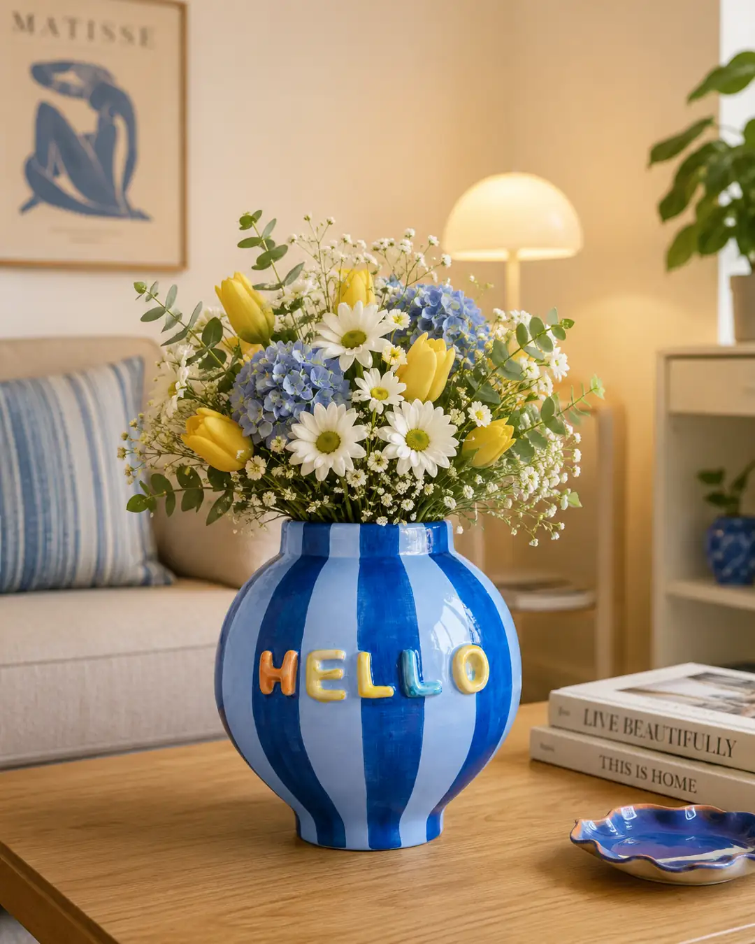 El Yapımı 'HELLO' Temalı Seramik Vazo - Mavi Çizgili