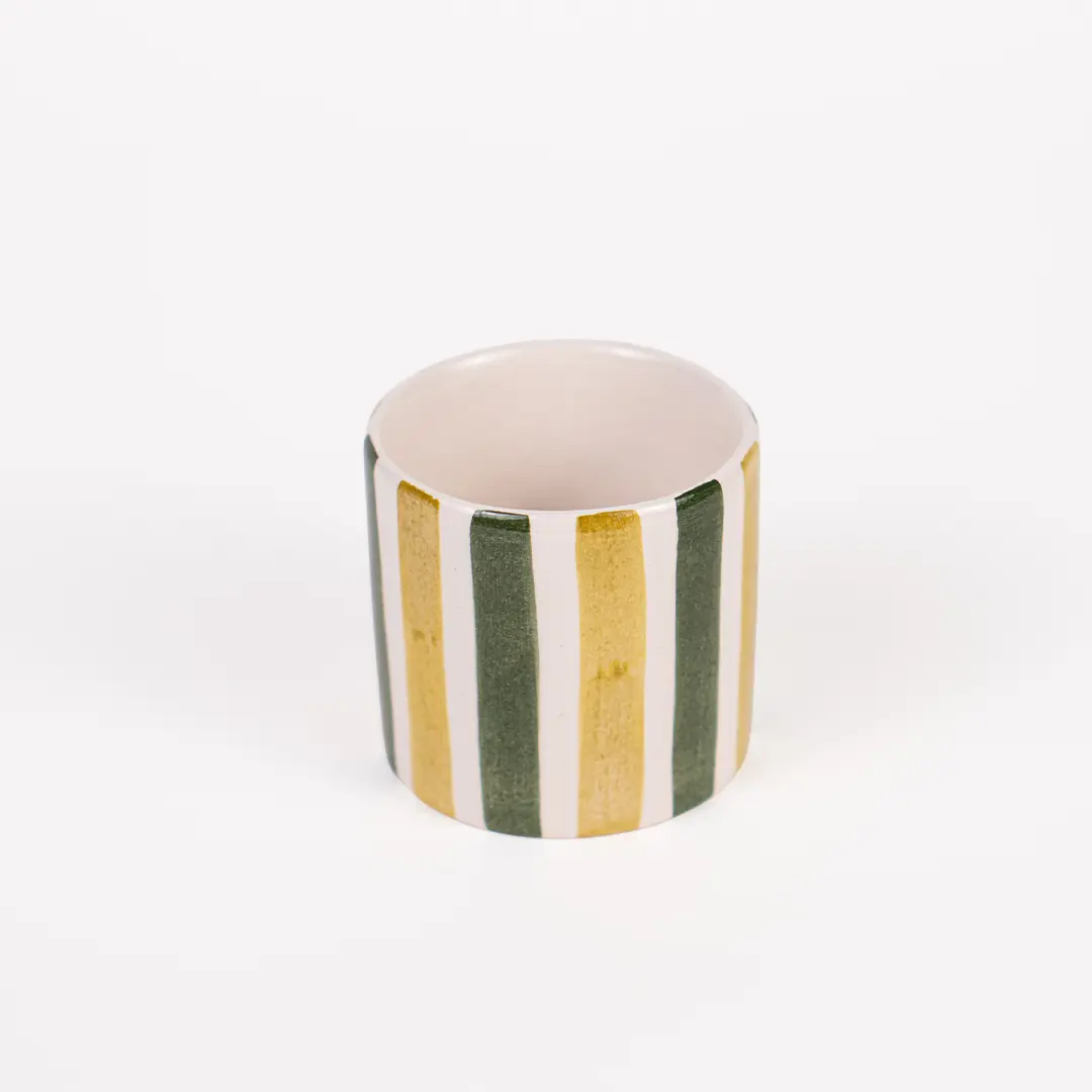 Small Colored Ceramic Espresso Cup - Bon Jour Sarı Yeşil Çizgili
