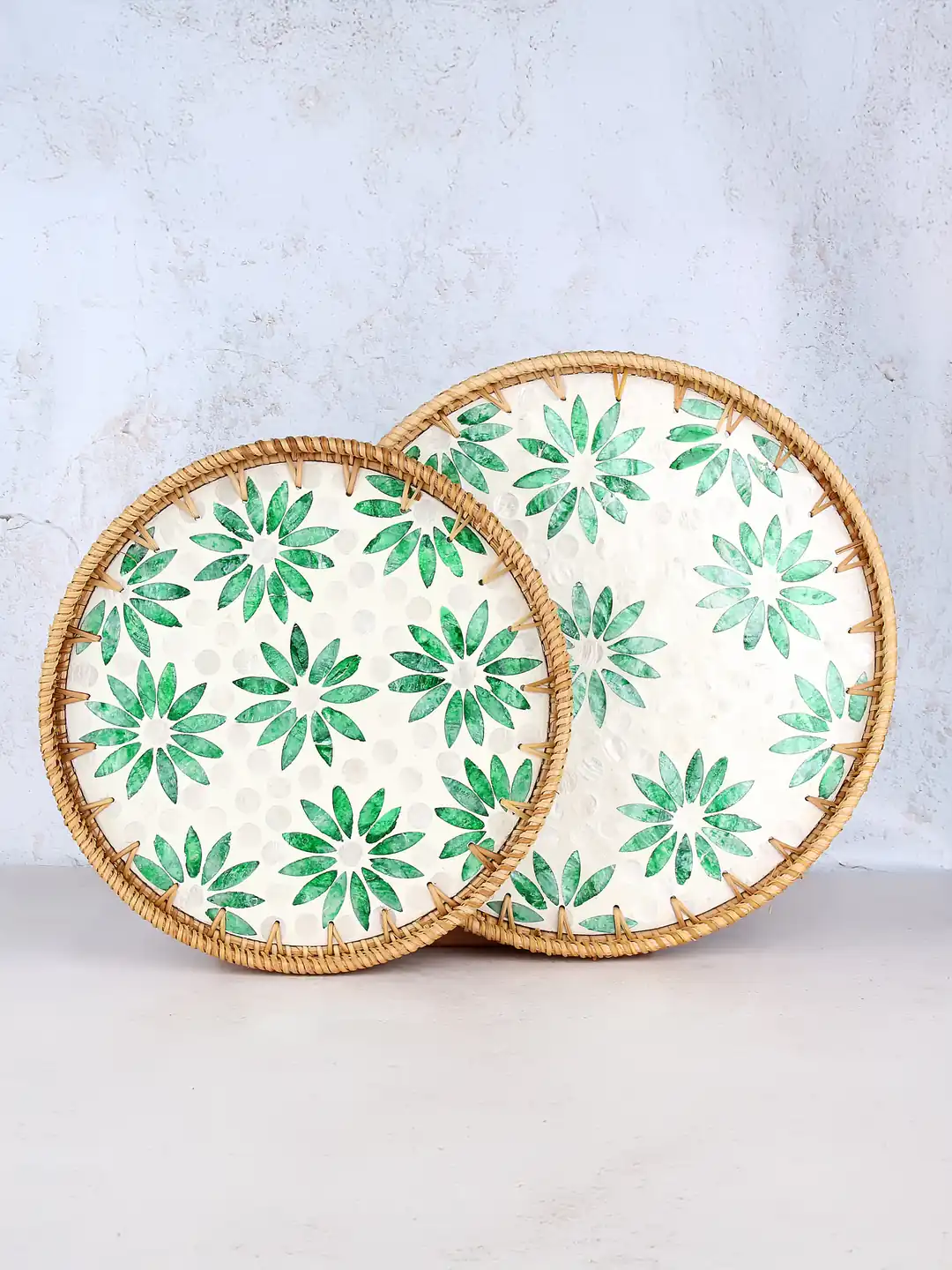 Desenli Rattan 2'li Sedef Yuvarlak Tepsi Seti - Hyde Petals