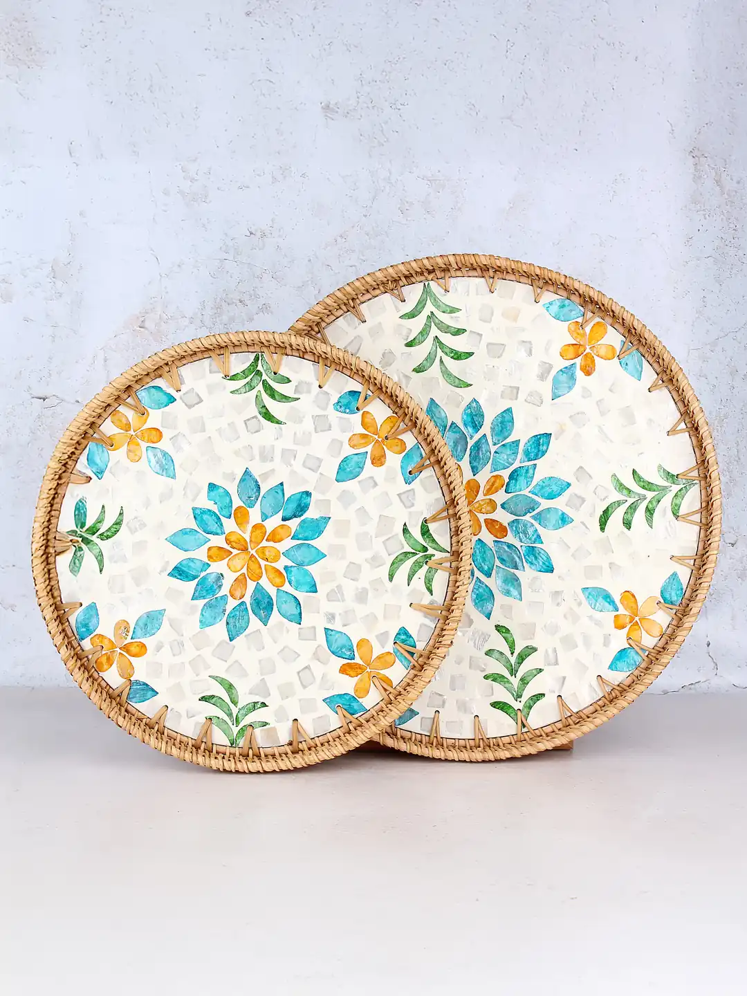 Desenli Rattan 2'li Sedef Yuvarlak Tepsi Seti - Notting Bloom