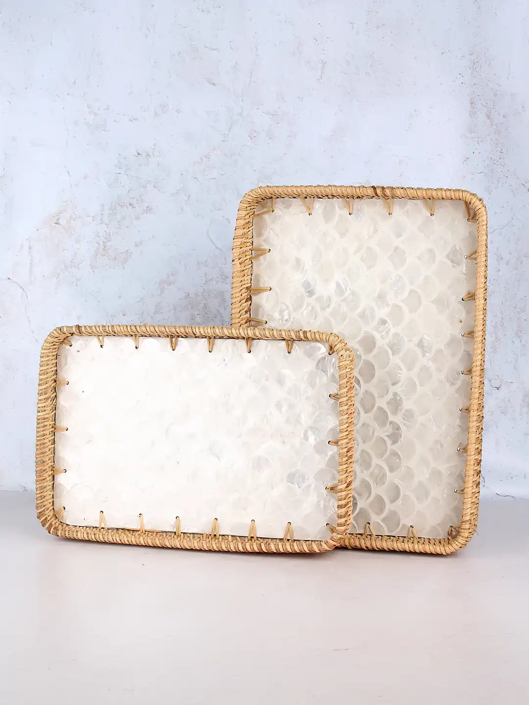 Desenli Rattan 2'li Sedef Dikdörtgen Tepsi Seti - Kensington Pearl